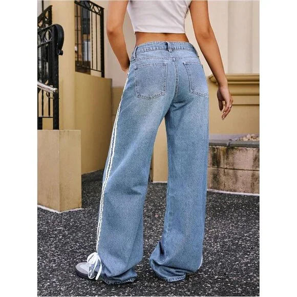 Women's Wide Leg Denim Jeans Light Wash High Waist Side Stripe Pockets - Picture 4 of 5